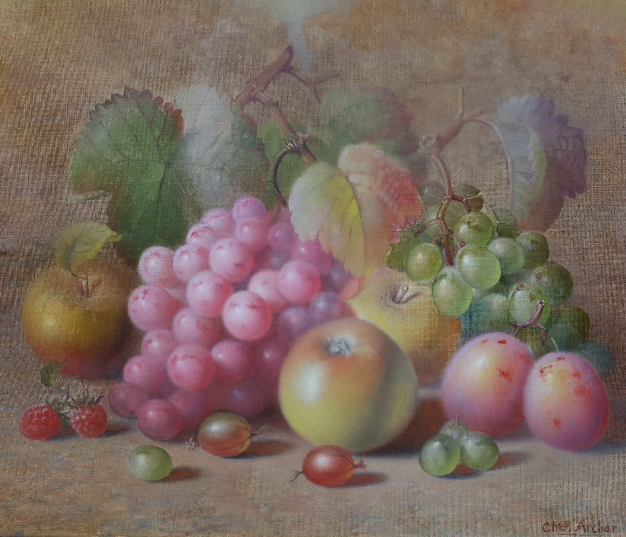 Charles Archer (1855-1931), Still life of apples, grapes, plums, gooseberries and raspberries, oil on canvas, 30 x 34cm
